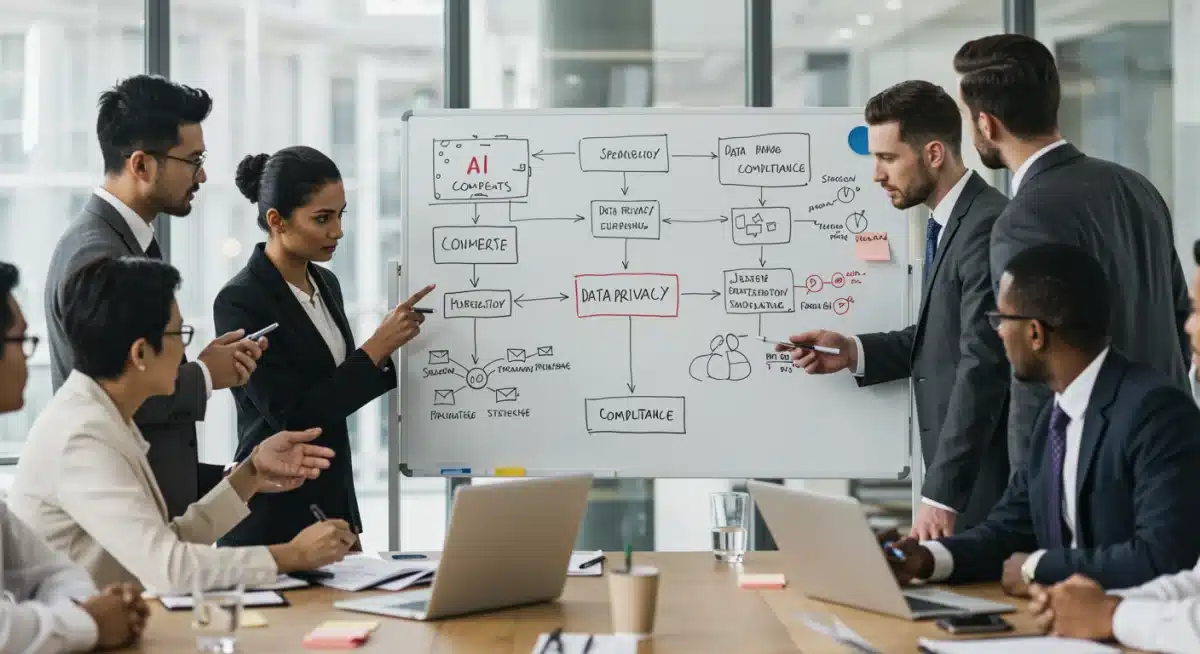 Business leaders discussing AI regulatory compliance and strategic planning in a conference room