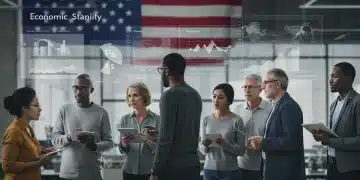 Diverse group reviewing federal unemployment benefit updates on a screen