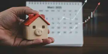 Hand holding house piggy bank with 2025 calendar and rising financial charts