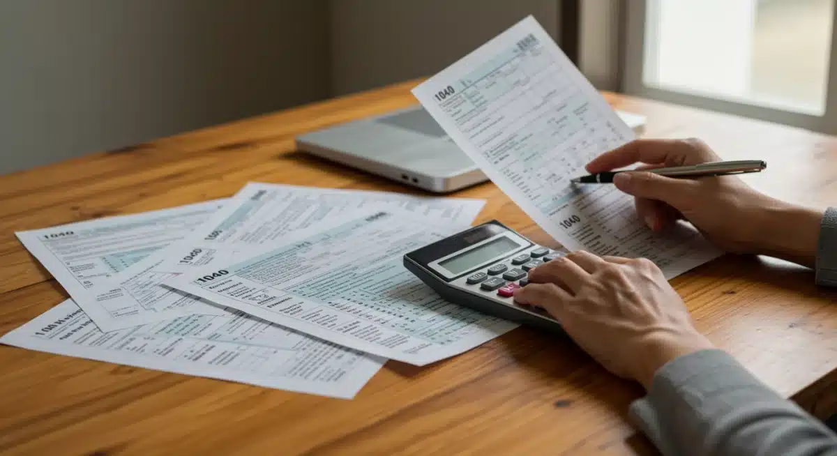 Calculating capital gains tax on a desk with financial documents.