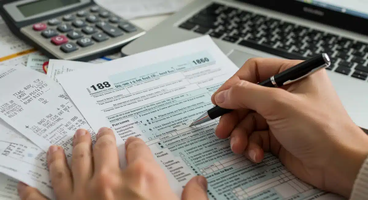 Hand filling out IRS Form 8863 for education tax credits with calculator and laptop