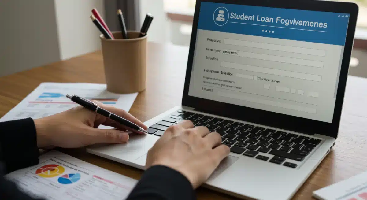 Person applying for student loan forgiveness online, highlighting the application process.