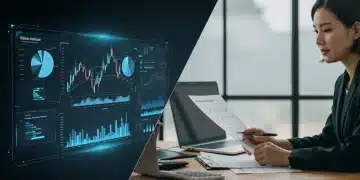 Robo-advisor interface next to human financial planner consultation