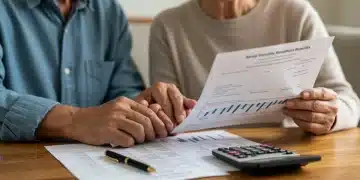 Senior couple reviewing Social Security documents with a calculator