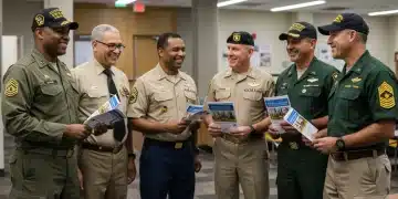 Diverse group of U.S. veterans discussing financial support programs in a community center