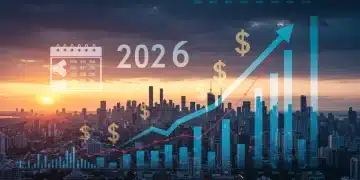 Upward trending economic graphs and 2026 calendar mark over a city skyline, representing future economic growth.