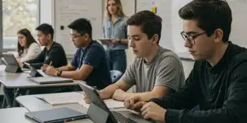 Students and teachers engaging with technology in a modern classroom, reflecting 2026 federal education policy shifts.