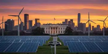 Illustration of renewable energy infrastructure with White House backdrop