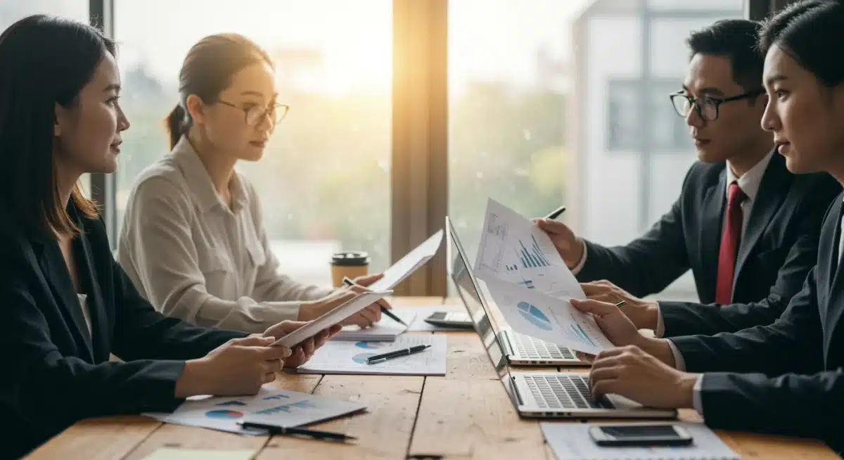 Professionals analyzing economic data and charts in a modern office, representing strategic economic forecasting.