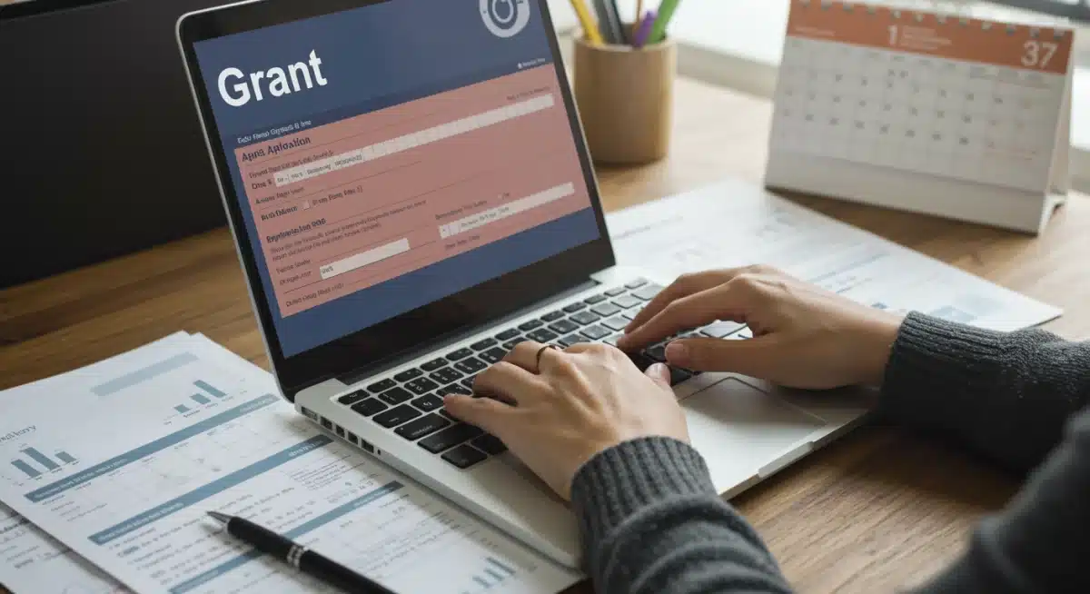 Hands typing on a laptop, surrounded by grant application documents and a calendar.