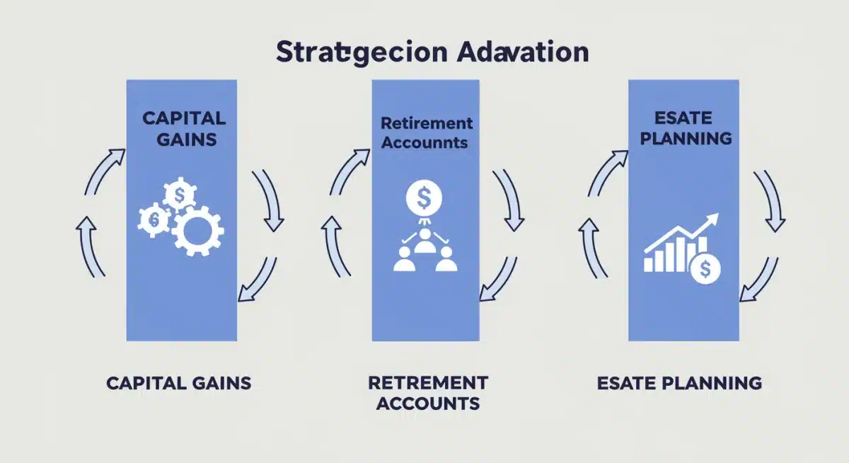 Three pillars representing capital gains, retirement, and estate planning with adjustment arrows