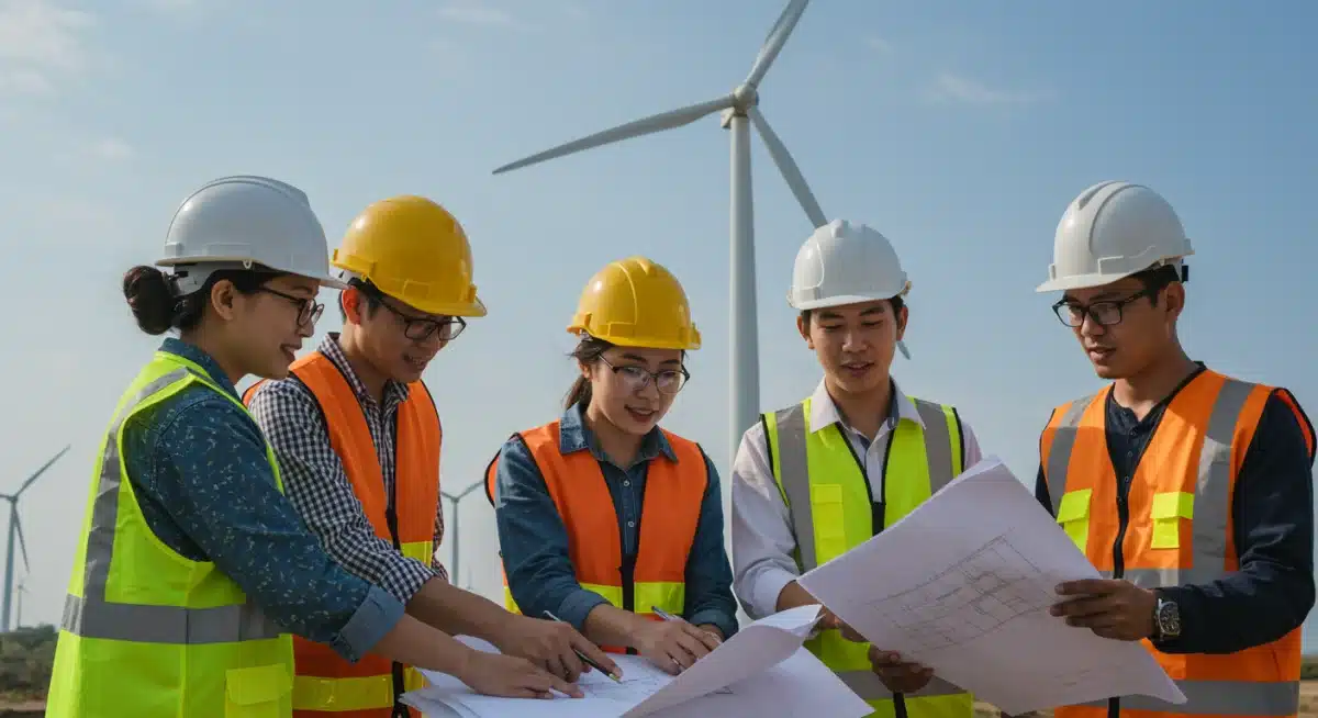 Engineers collaborating on wind farm project blueprints
