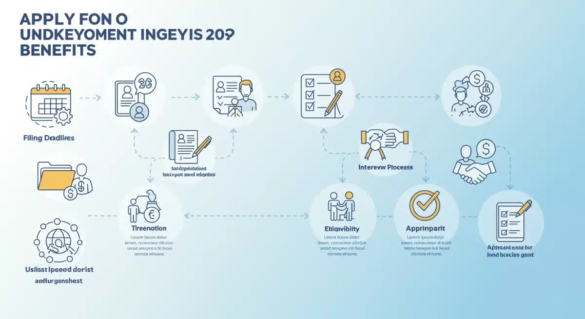 Infographic showing step-by-step unemployment benefit application process for 2026