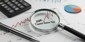 Financial chart with magnifying glass and calculator, representing 2026 capital gains tax analysis.