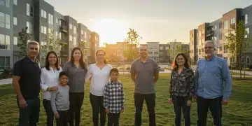 Diverse community members gathered in front of affordable housing units, symbolizing federal housing assistance and rent reduction.