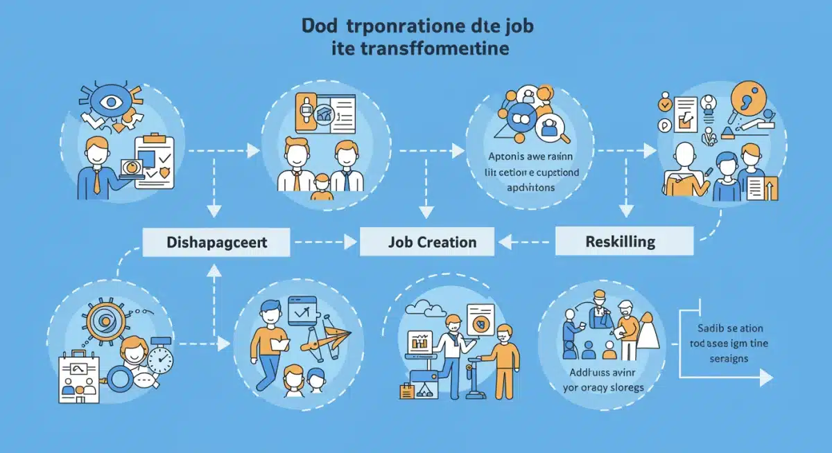 Timeline illustrating job transformation, displacement, and creation due to automation, emphasizing reskilling.