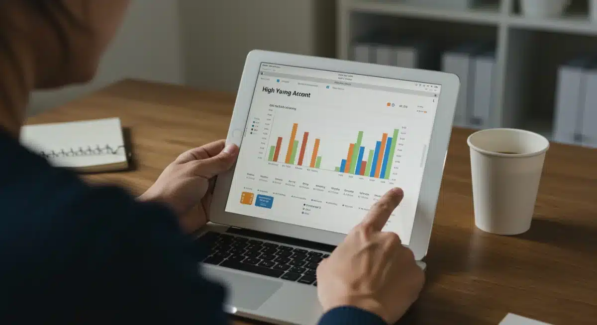 Individual comparing high-yield savings account options on a digital device.
