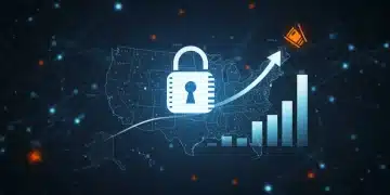 Digital padlock on US map, rising fraud graph, cybersecurity threats
