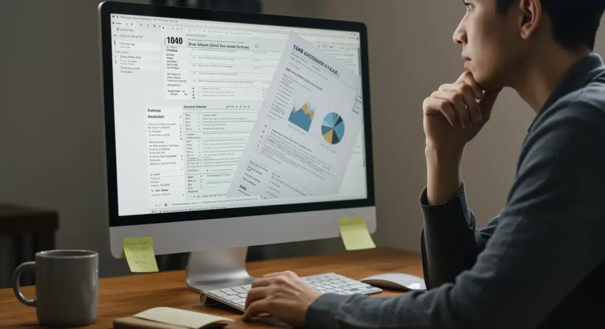 Person planning finances with tax forms on a computer screen.