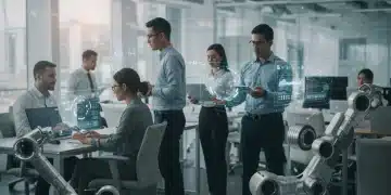 Professionals collaborating with AI and robots in a futuristic office, symbolizing the evolving workplace.