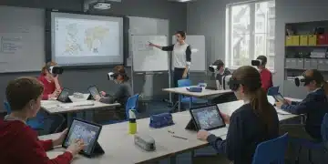 Students and teacher interacting with EdTech tools in a modern K-12 classroom, symbolizing the future of learning.