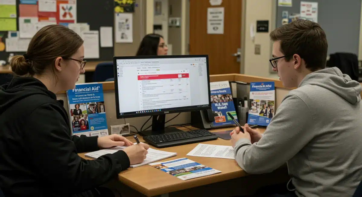 Student counselor explaining financial aid forms to a high school student and parent.