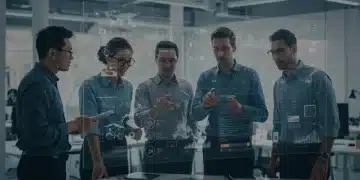 Professionals collaborating on future skill development and career planning in a modern office