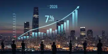 Futuristic cityscape with upward trend graph for 2026 real estate growth