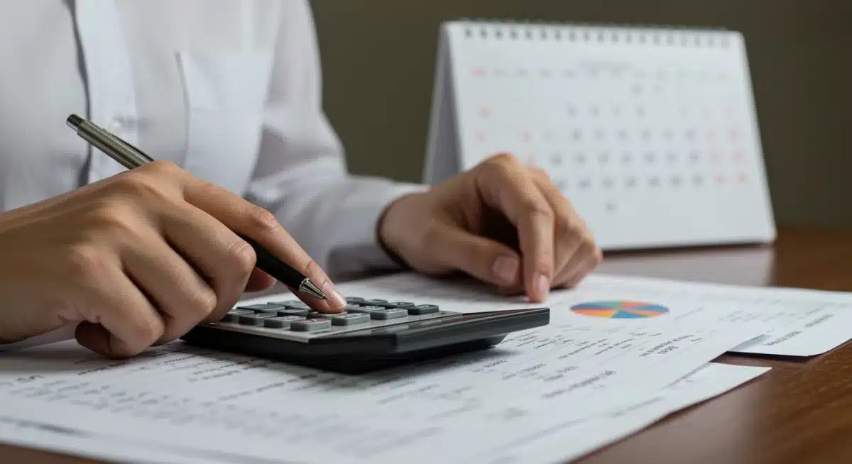 Hands using a calculator to analyze financial statements, emphasizing careful household budgeting amidst federal benefit changes.