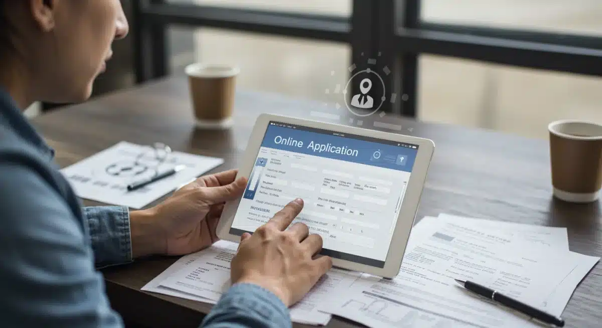 Person reviewing an online disability application form on a tablet with medical documents.