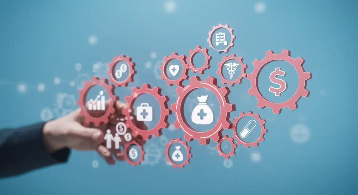 Graphic depicting interconnected gears and symbols for social security, retirement, and healthcare, signifying federal benefit programs.