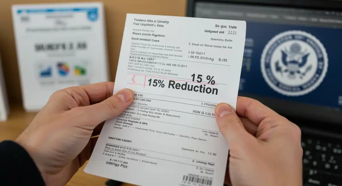 Hands holding a utility bill showing a 15% reduction, illustrating federal energy cost savings.