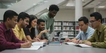 Adult learners collaboratively studying in a library, representing the pursuit of education and grant opportunities.