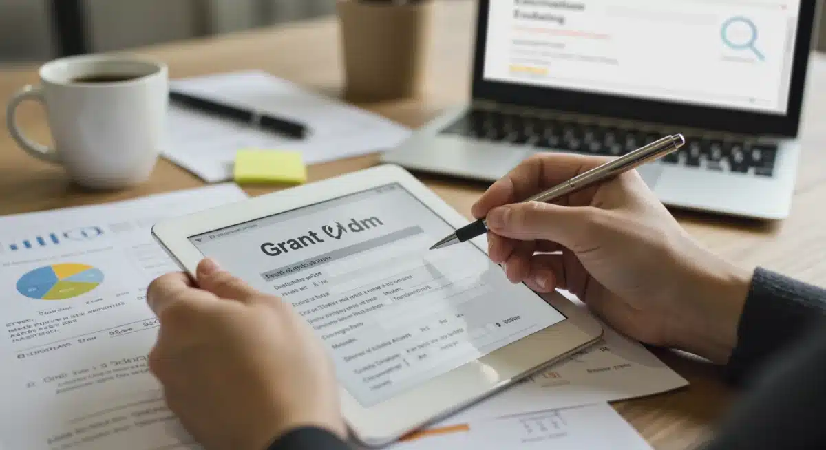 Hand filling out a digital grant application form on a tablet, symbolizing the application process for educational funding.