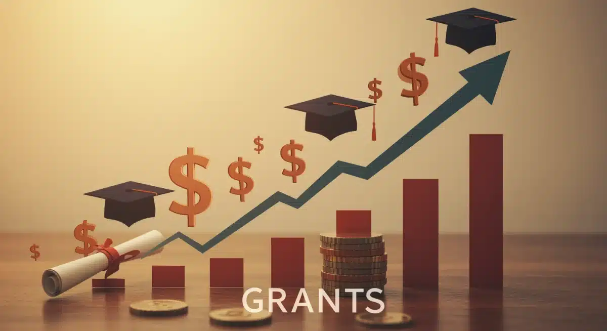 Financial growth chart with graduation caps and dollar signs, illustrating the economic benefits of educational grants.