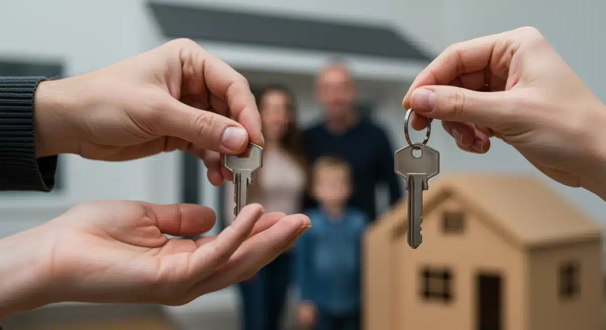 Hands exchanging a house key, symbolizing new homeownership facilitated by federal programs.