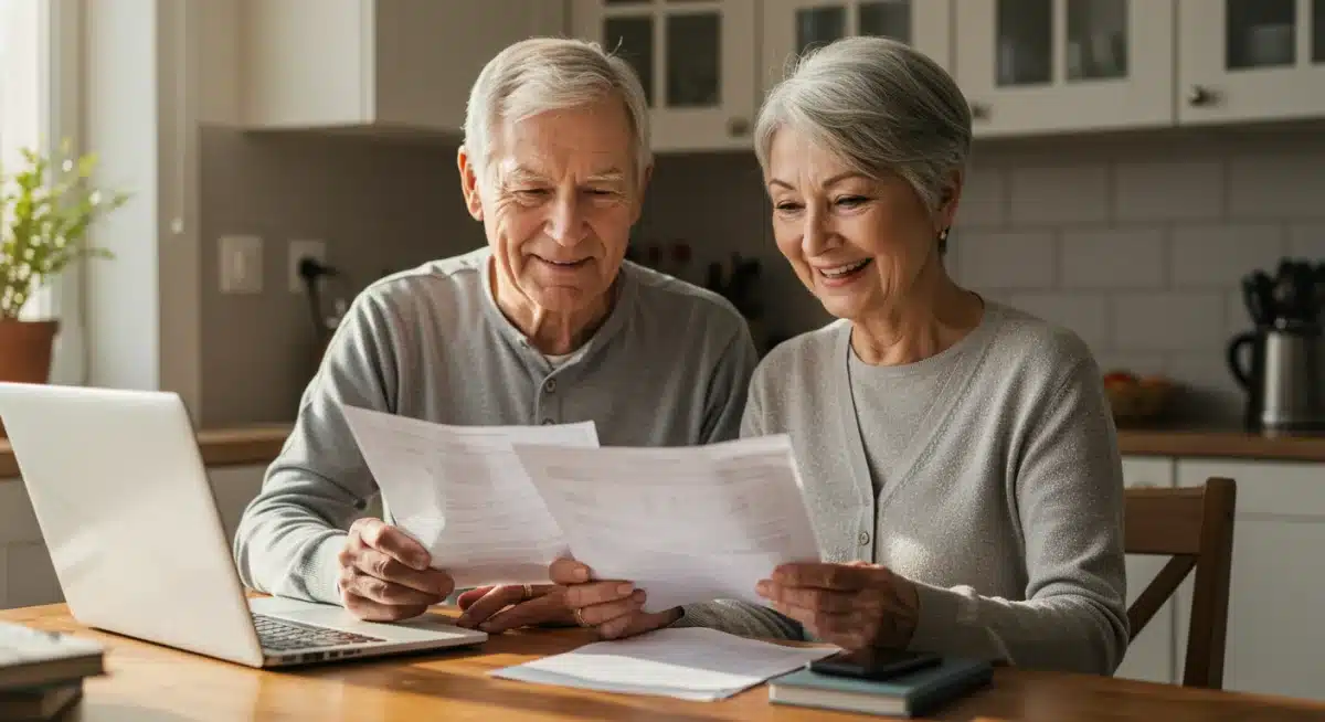 Happy senior couple reviewing retirement finances and Social Security documents.