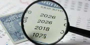 Social Security card with 2026 calendar and magnifying glass, symbolizing future benefit analysis.