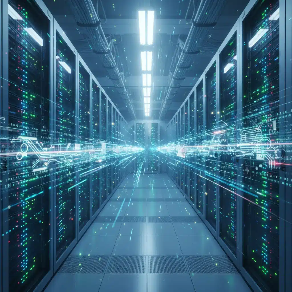 Server room with data streams representing AI and cloud computing infrastructure