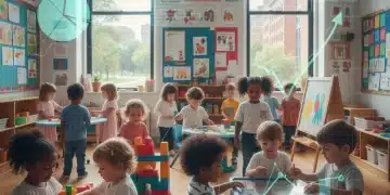 Children learning in a bright classroom with federal education policy overlay