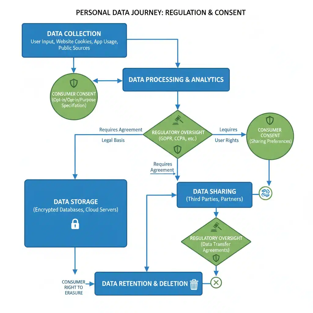 Flowchart depicting data lifecycle with regulatory oversight and consumer consent checkpoints.