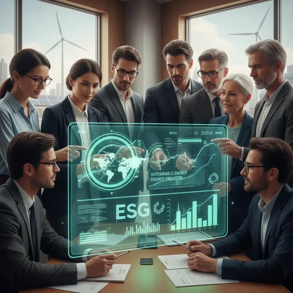 Diverse investors analyzing sustainable energy and ESG investment data