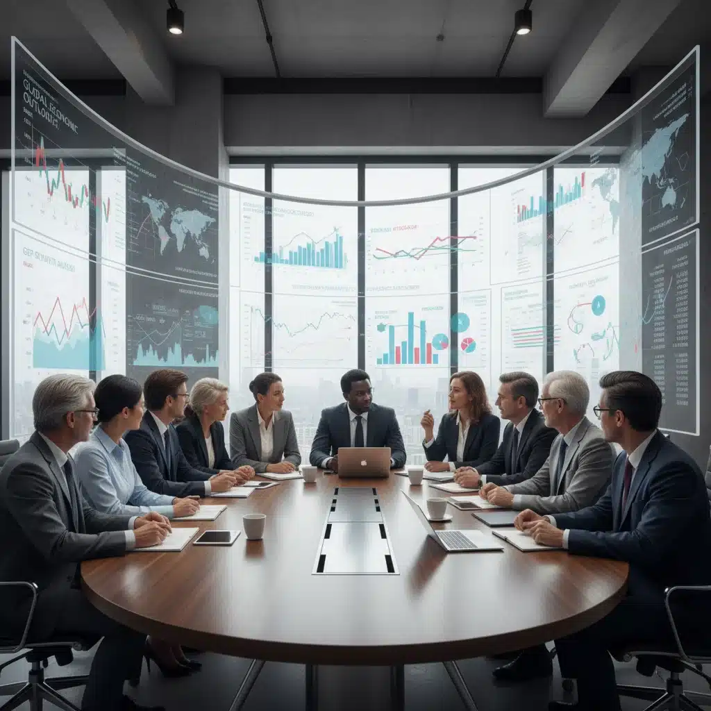 Economists and financial experts discussing global economic trends and US forecast in a collaborative setting.