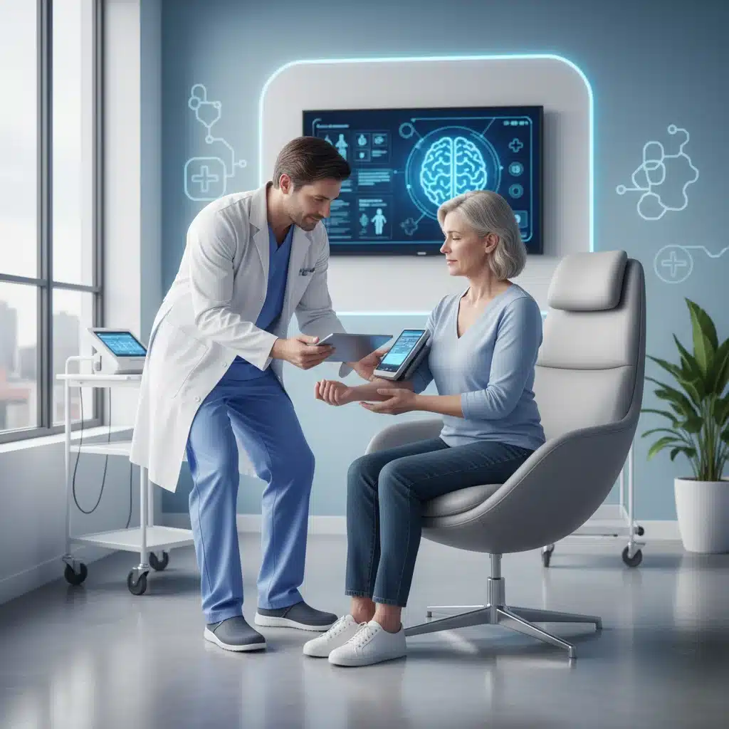 Healthcare professional assisting patient with technology