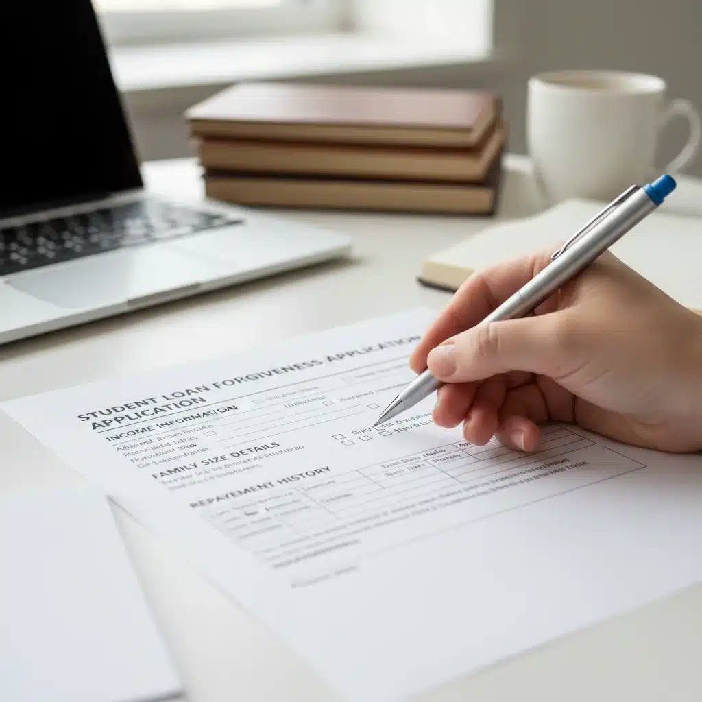 Person filling out a student loan forgiveness application form.