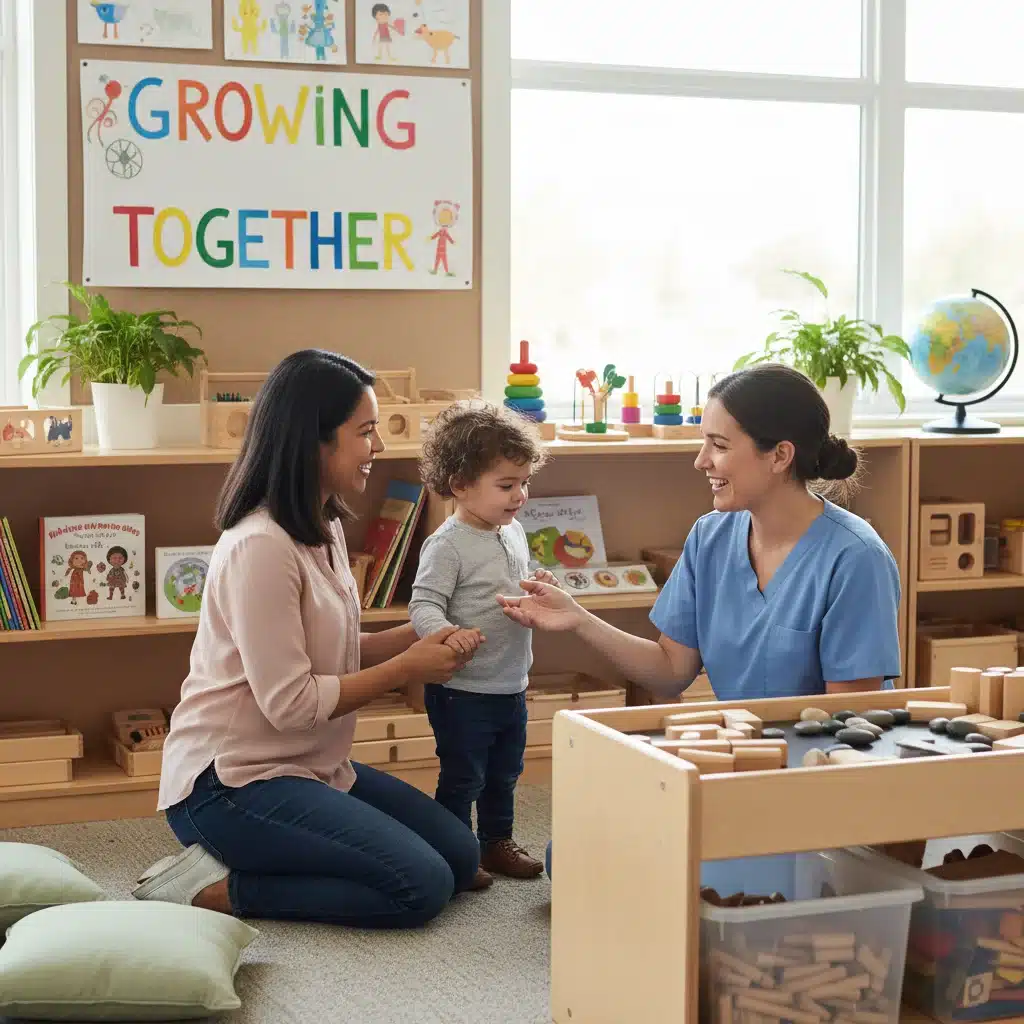 Parent, child, and educator interacting in a supportive early learning environment