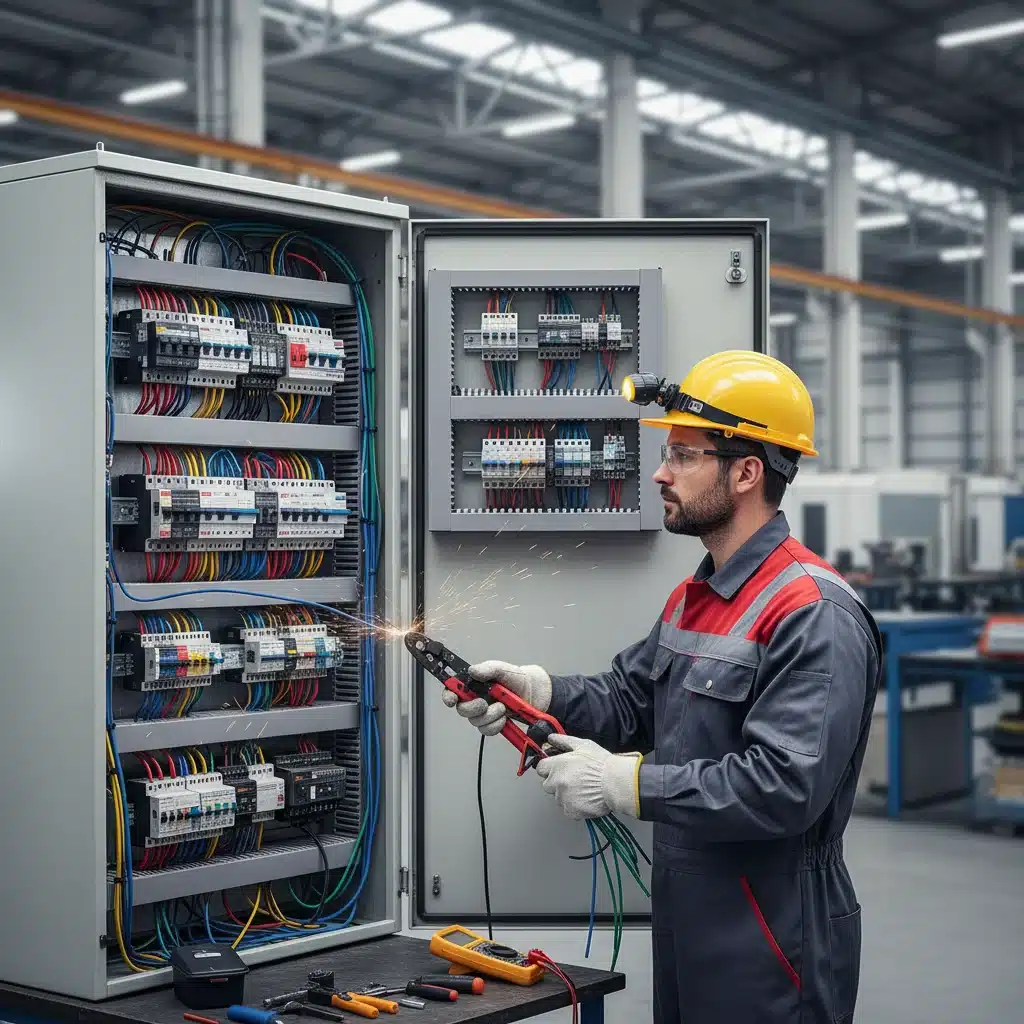 Skilled electrician working on an industrial electrical panel