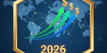 Graphic depicting US economic growth forecast for 2026 with 3% GDP increase, global market connections.