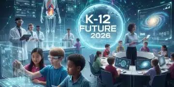Students learning in a modern, technology-rich K-12 classroom, representing the 2026 curriculum changes.