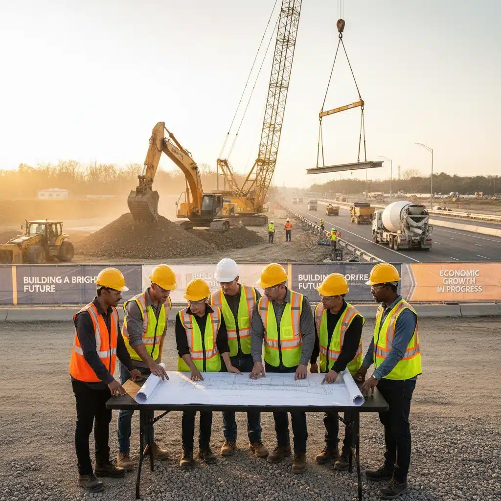 Construction workers reviewing blueprints at a bridge construction site, symbolizing job creation